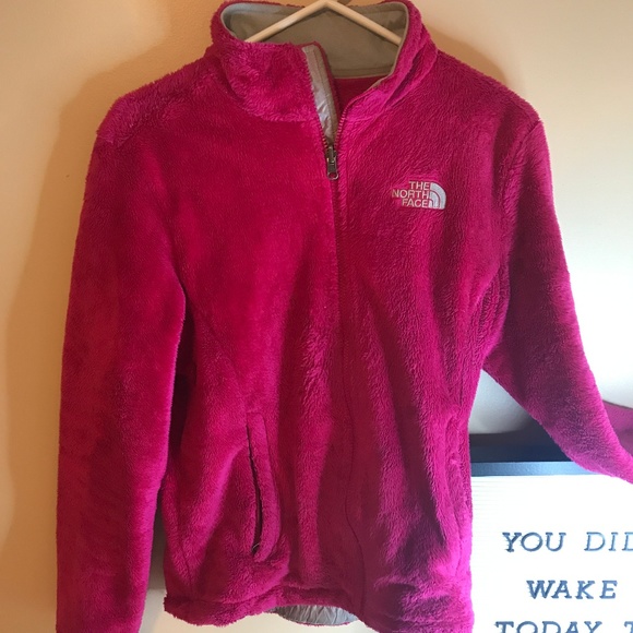 pink fuzzy north face jacket